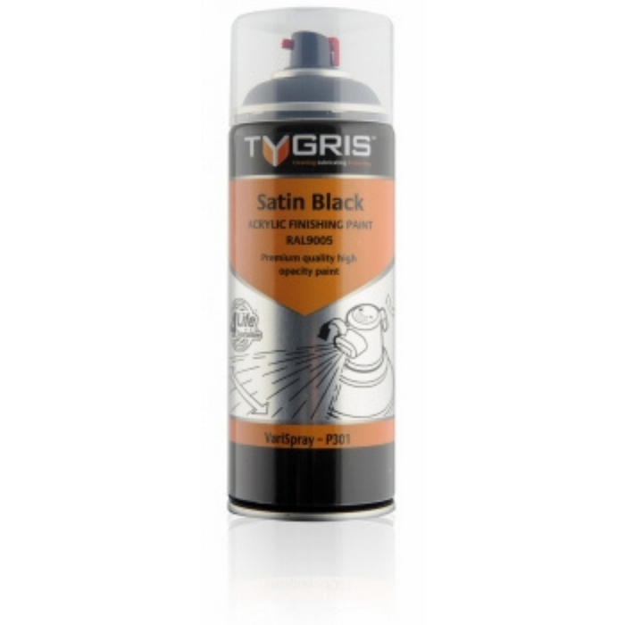 Tygris Acrylic Finishing & Hi-Vis Aerosol Paints | Satin Black | 400ml Size | Code RAL9005 | P301