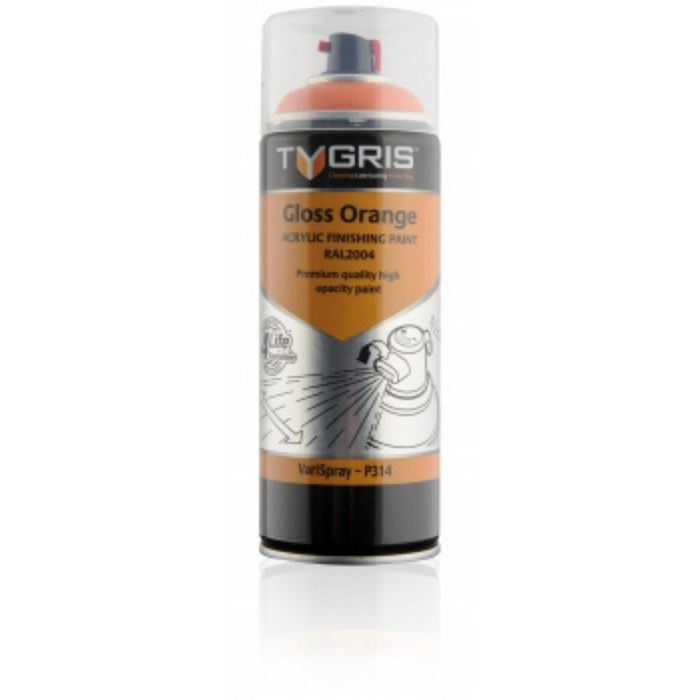 Tygris Acrylic Finishing & Hi-Vis Aerosol Paints | Gloss Orange | 400ml Size | Code RAL2004 | P314