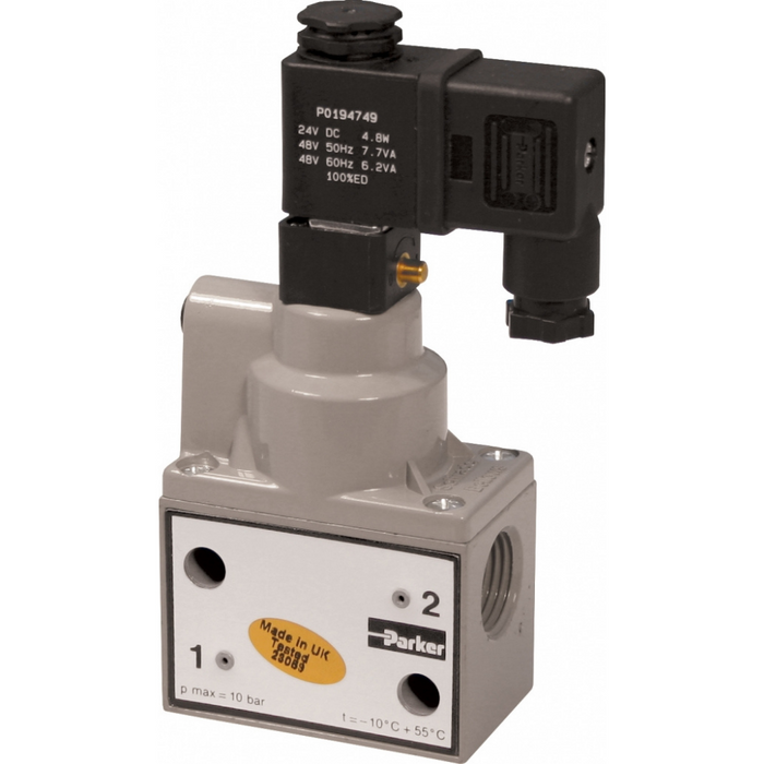 Parker Heavy Duty Solenoid 3/2 Poppet Valve | 24 Volts DC - 1/2"BSPP | Electric Operated-Spring Return | DB223A49