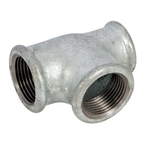 Malleable Tee Reducing on Run Galvanised | 1/2" x 1/2" x 3/8" BSPP Female Thread | EEGFUT08/08/06 - FluidAirFittings