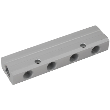 Aignep Aluminium Single Sided Manifold | No. Of Outlets 6 | Inlet 3/8" BSPP | Outlet 1/4" BSPP | MBAS06/04/06 - FluidAirFittings