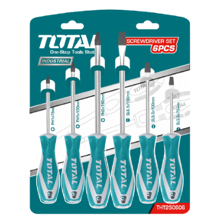 TOTAL Industrial - 7 Piece Precision Screwdriver Set | 2 x SL5.5 (75/100mm) 1 x SL6.5 (150mm) | THT250726 - FluidAirFittings
