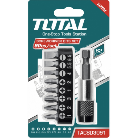 TOTAL Industrial - 9 Piece Screwdriver Bits Set c/w Bit Holder | blue | TACSD3091 - FluidAirFittings