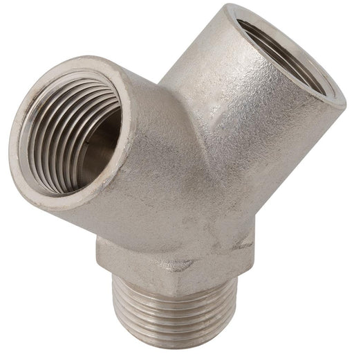 Aignep Nickel Plated Brass Equal 'Y' Branch | 3/8" BSPT Male | 3/8" BSPP Female | MFY06NP - FluidAirFittings