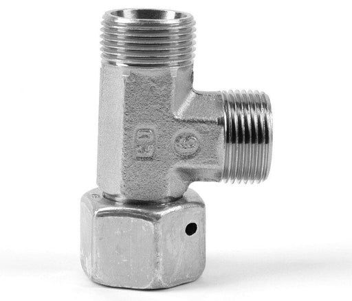 Parker EOSwivel Nut Run Tee 24 deg FlarelessSwivel Female Thread Metric M12-M52/ Pressure Rating 160-630 Bar/ Tub&2e O/D 1 | M22 | EL15LCF - FluidAirFittings